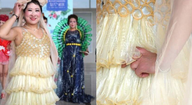 这个大妈不一般 3000安全套做成连衣裙！