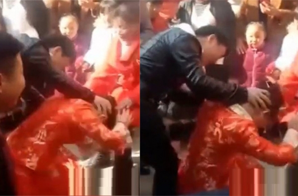 男子掐新娘脖子让其跪拜 网友愤怒：活该被扇耳光