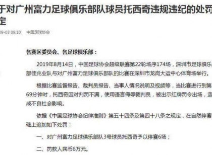 富力球员辱骂裁判 而被停赛6场 网友：为什么辱骂裁判